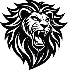 Fototapeta premium Vector art of majestic lion head with open mouth and sharp teeth, roaring expression, black and white illustration, suitable for sports team logo or mascot
