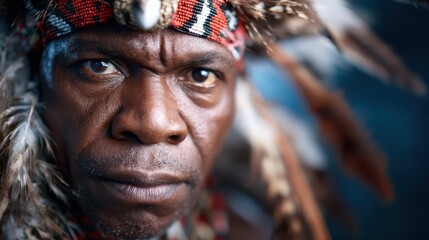 This striking portrait captures a powerful expression of a traditional warrior adorned with intricate accessories, conveying strength and cultural significance.