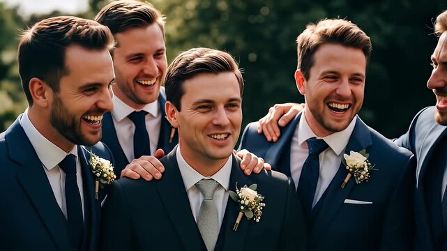 Groomsmen gather around, laughing, in blue suits and boutonnieres in a blurred outdoor scene