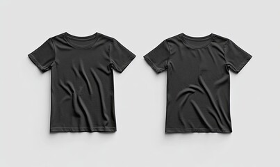 Two identical dark gray t-shirts, laid flat, on a plain white surface
