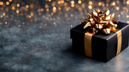 A beautifully wrapped black gift box adorned with a golden ribbon and bow, ideal for annual occasions and celebrations, evokes feelings of anticipation and joy.