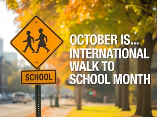 October is international walk to school month with yellow road sign