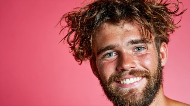 A cheerful young man with curly hair and a beard beams at the camera against a bright pink background, capturing a moment of joy and warmth in a vibrant atmosphere.