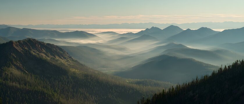 sunrise valley mountain peaks misty
