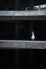 Ballet dancer in a white tutu performing gracefully in an urban setting.