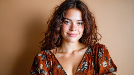 This vibrant portrait presents a smiling woman in a patterned dress, celebrating beauty, confidence, and joy, beautifully capturing the essence of warmth and positivity.