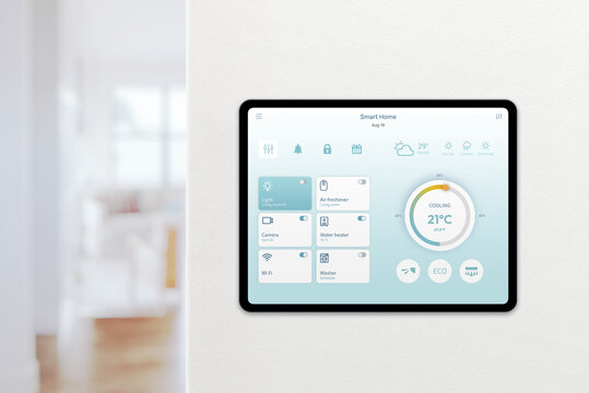 Smart home app interface on tablet displaying cooling and devices
