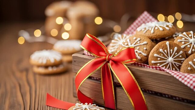 Gingerbread cookies in wooden box with red gingham liner, tied with a festive red bow