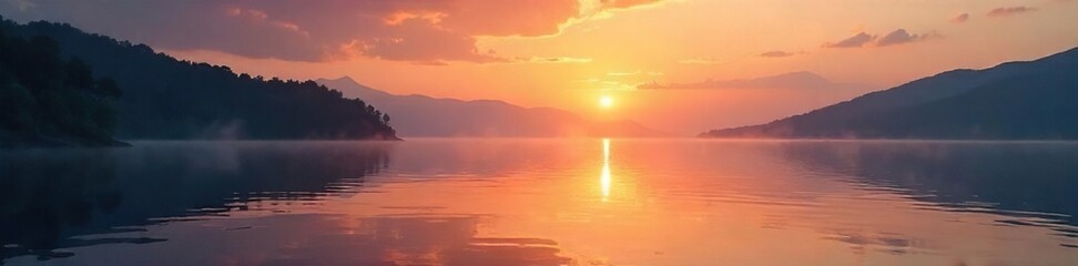 Serene sunrise over a tranquil lake, reflecting the calm and peace found in spiritual awakening Perfect for meditation, mindfulness, and inner peace themes , wellbeing, inner journey, stillness