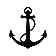 Simple Black Anchor with Rope Illustration on a White Background for nautical themes, marine anchor with rope silhouette vector illustration