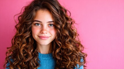 A portrait of a young woman with lovely curly hair against a vibrant pink background radiating warmth and positivity through her cheerful smile and bright eyes.