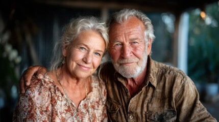 An elderly couple shares a warm embrace, displaying love and tenderness in their expressions, capturing the beauty of enduring relationships over the years.