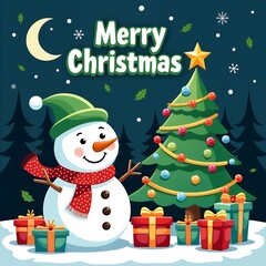 Cheerful snowman decorated Christmas tree festive gifts snowy night image