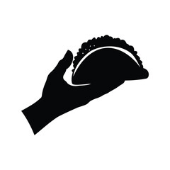Black Silhouette of Hand Holding a Delicious Looking Taco on White, taco in hand silhouette vector illustration