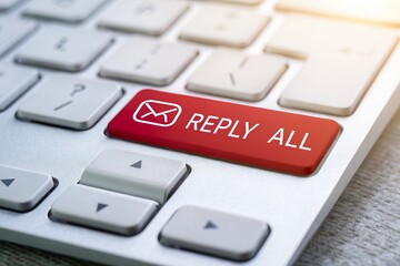 Close-up of a computer keyboard featuring a prominent 'Reply All' button in a modern office setting