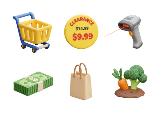 3d icon of shopping and retail icons, including a cart, scanner, and money, isolated on transparent background