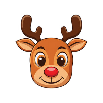 Cute cartoon reindeer face with big brown eyes and a red nose isolated on transparent background