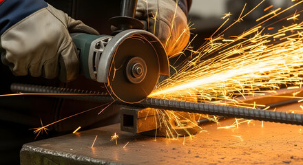 Close-up shot of a person using an angle grinder to cut a metal rod, creating sparks.