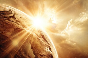 Earth bathed in golden sunrise, celestial view