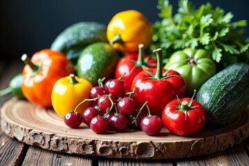 Colorful Fruit and Vegetable Collection Stylishly Arranged on Wooden Table for Photoshoot