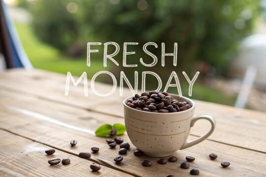 A cozy coffee cup filled with beans sits on a wooden table in a serene outdoor setting