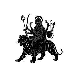 Silhouette of Hindu goddess Durga riding a tiger, detailed illustration.