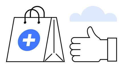 Shopping bag with medical cross, thumbs-up for approval, light cloud in background. Ideal for health, e-commerce, online shopping, reliability, customer satisfaction, healthcare simple landing page