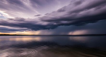 A dramatic sky over a calm lake with rain falling in the distance and trees on the horizon line ai generated