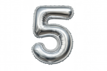 Silver foil balloon shaped as number five floating on transparent background, ideal for party, anniversary or birthday designs