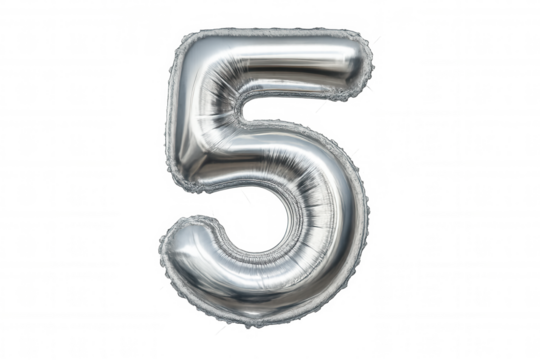 Silver foil balloon shaped as number five floating on transparent background, ideal for party, anniversary or birthday designs