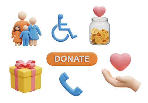 3d icon of donation and charity concept with family, disabled symbol, and gift isolated on transparent background