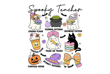 Spooky teacher with halloween elements like pumpkin, witch hat, potion, black cat, isolated on transparent background