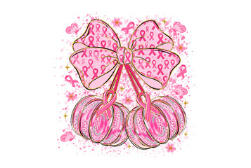 Pink ribbon bow with dangling charms, isolated on transparent background