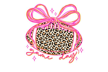 Cheetah print football with pink bow and game day text, isolated on transparent background