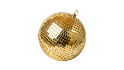 Shining gold disco ball reflecting light at a vibrant dance party in a lively club atmosphere on a transparent background