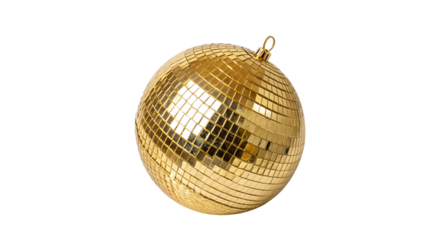 Shining gold disco ball reflecting light at a vibrant dance party in a lively club atmosphere on a transparent background