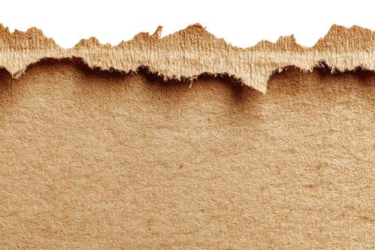 Ripped cardboard edge.  Close-up view of a torn section of light brown cardboard.  The jagged edge displays a rough, uneven texture.  The intact cardboard underneath is a uniform, light brownish color