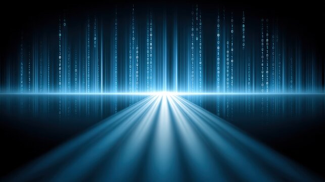 Holographic transparent card hovering, radial glowing binary code, vertical light trails, deep blue gradient background, glass reflections, cinematic lighting, neon flicker effect, ultra-detailed 3D