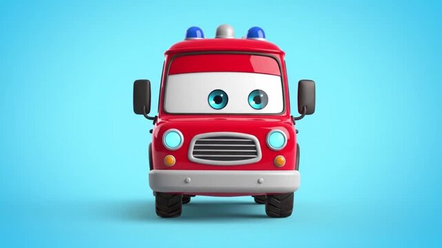 Animated red fire truck with cartoon eyes on a solid blue background