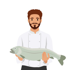 Male chef in uniform holding a large fresh fish, ready for cooking or preparation. Flat vector illustration isolated on white background