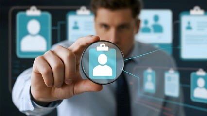 A person holding a magnifying glass over a digital interface displaying user profiles.