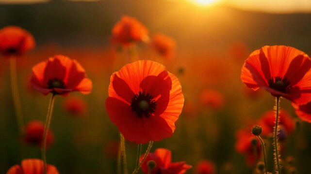 Flowering poppy field with sun light. Wild red flowers. Aerial view.
