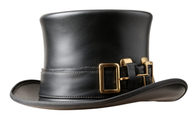 Dark gray/black top hat with brass-toned buckles