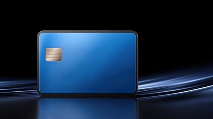 Transparent debit card floating, surrounded by swirling binary code streams, diagonal light trails, black-to-digital blue gradient background, soft glass reflections, cinematic lighting, holographic