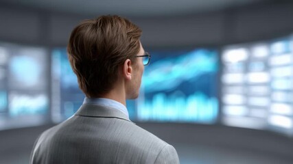Businessman leverages futuristic data visualization on large screen for deep financial analytics, gaining valuable insights to shape successful business strategy