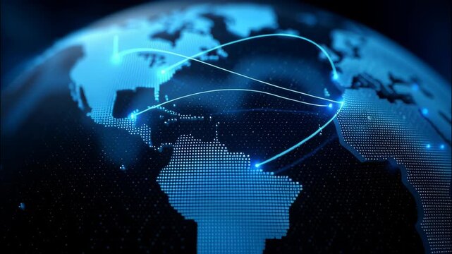 Global network connection for modern internet communication technology, exploring flow of data across world and complex challenges of cybersecurity in geopolitics - Powered by Adobe