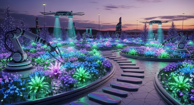 Enchanting futuristic garden with robotic arms tending to glowing alien plants under a twilight sky with flying drones