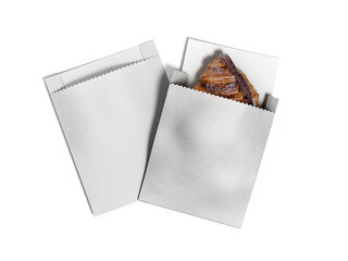 White Blank Paper Food Bag Mockup with Croissant, Food Takeaway Packaging 3D Rendering