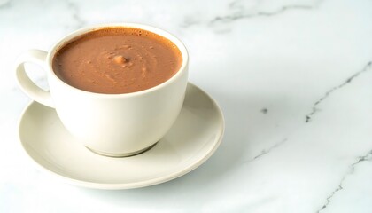 A rich, thick, gourmet hot chocolate in a cream-colored cup on a white marble background. An indulgent and elegant sweet treat, with ample copy space for design or text.