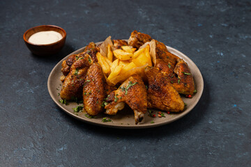 Baked chicken wings. Served with sauce or fries.